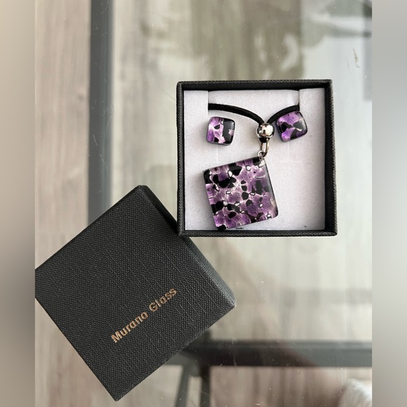 Murano Glass Purple Earrings and Necklace Set - Picture 1 of 2